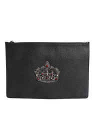 Pochette Dolce &amp; Gabbana en cuir de veau noir ornée d'une couronne