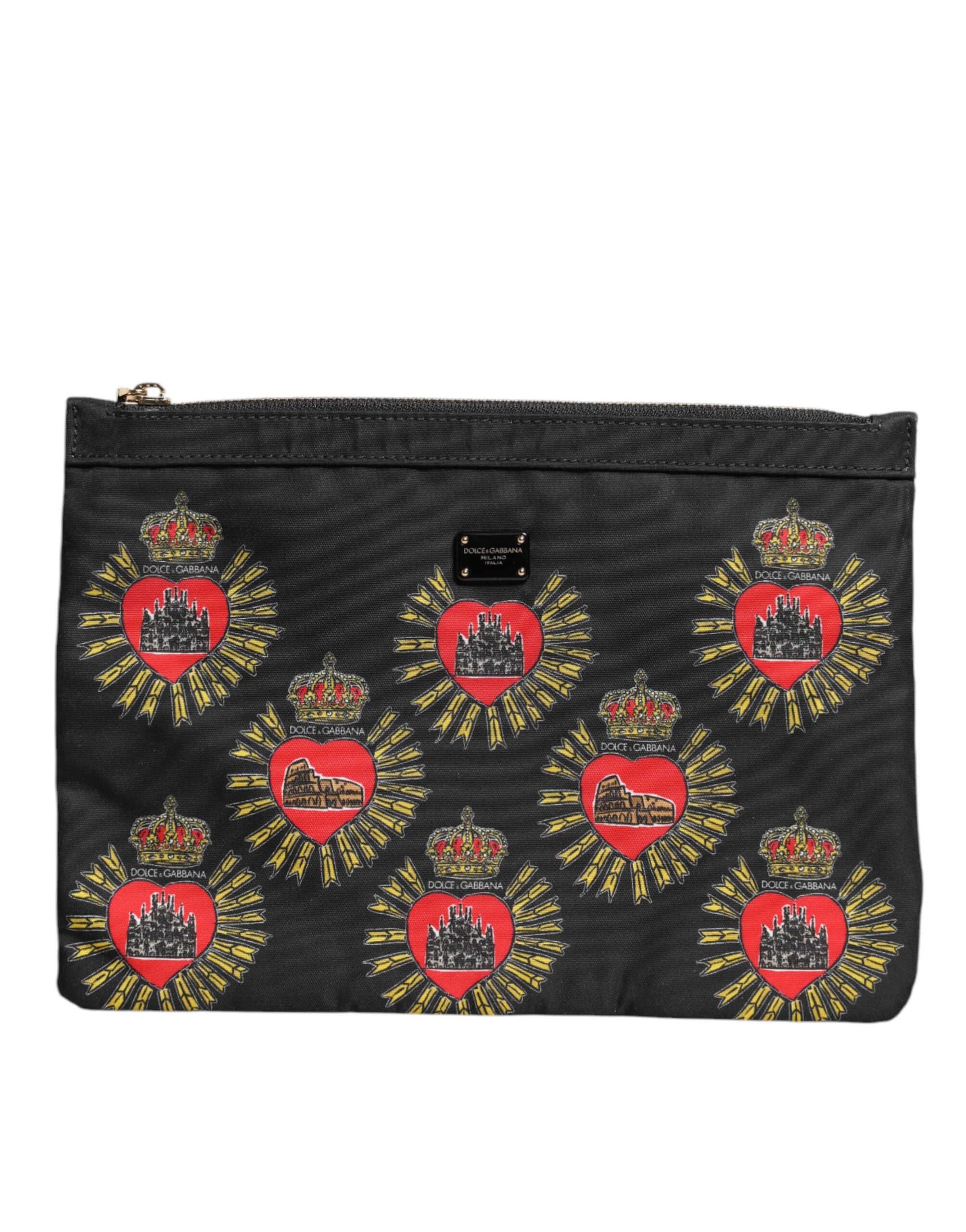 Dolce &amp; Gabbana Clutch-Tasche aus schwarzem und rotem Nylon mit Herzmotiv