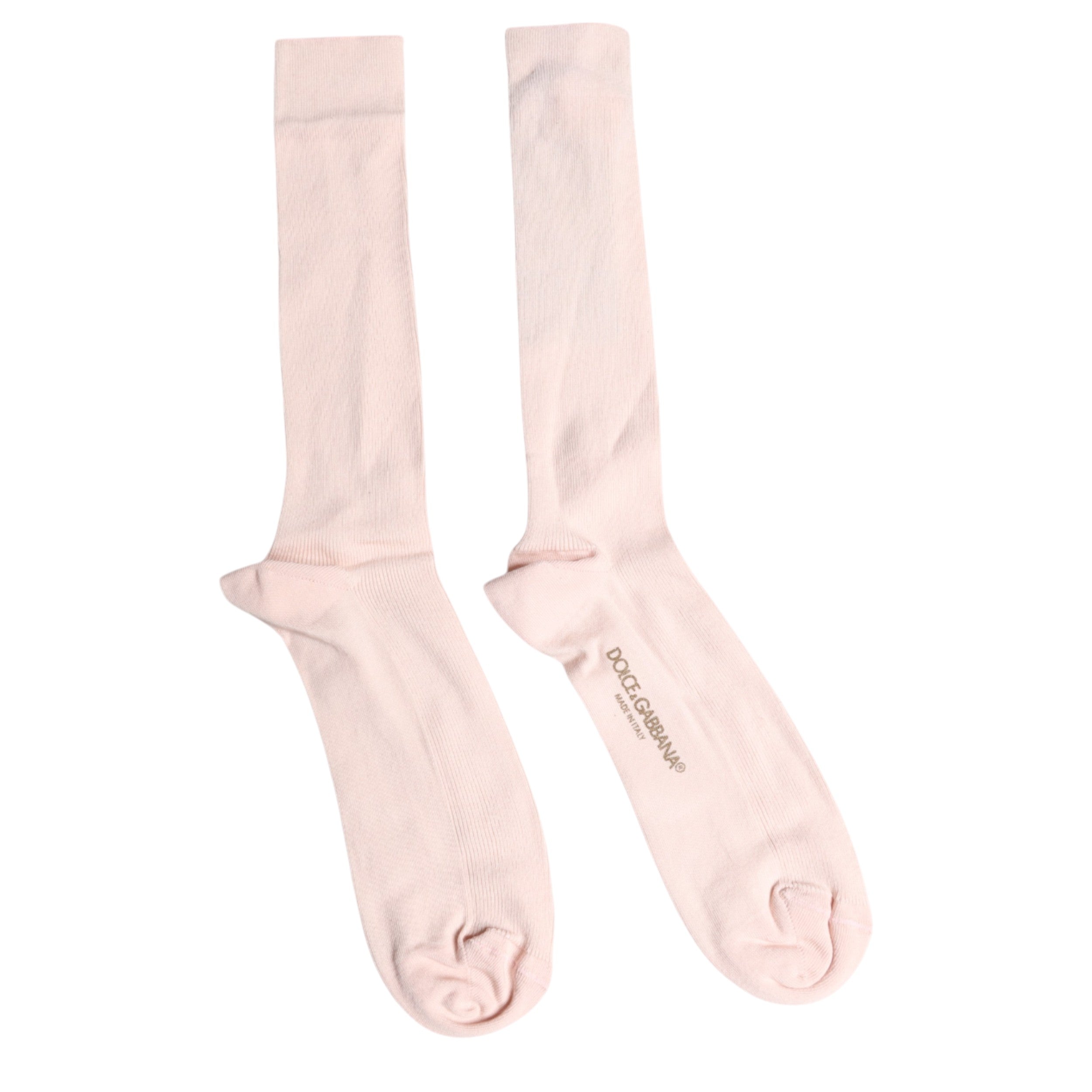 Dolce &amp; Gabbana Elfenbeinfarbene Stretch-Socken aus Baumwolle mit Logo-Oberschenkellänge
