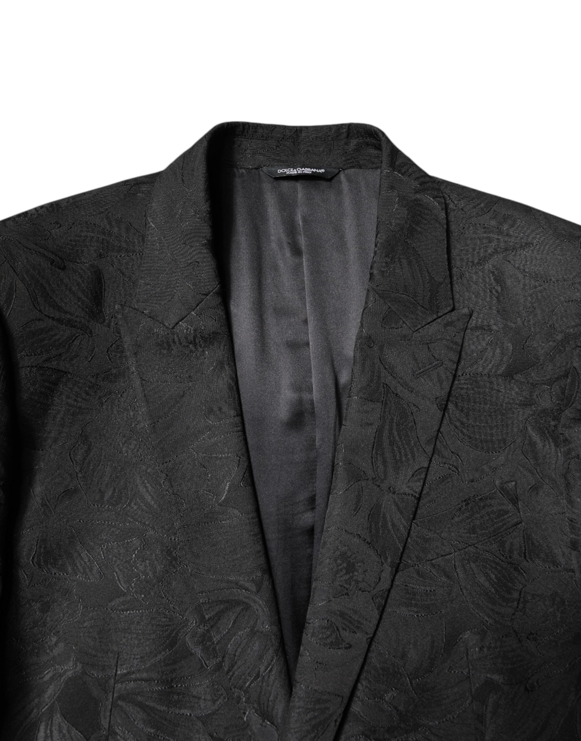 Dolce &amp; Gabbana Zweiteiliger Anzug aus schwarzem Polyester mit floralem Jacquardmuster