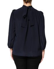 Dolce & Gabbana Blue Silk Mock Neck Long Sleeves Blouse Top