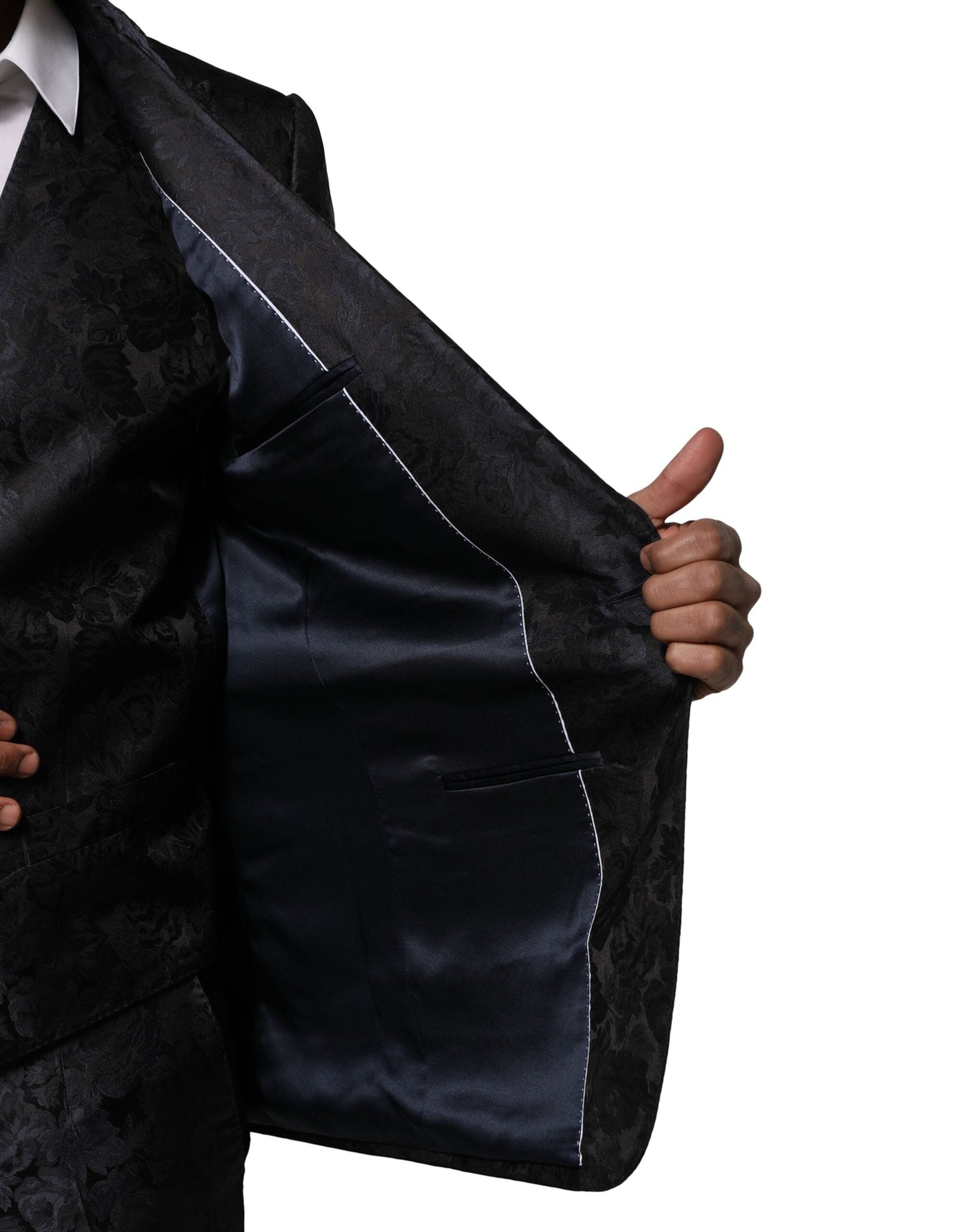 Dolce &amp; Gabbana Dreiteiler Anzug aus schwarzem Jacquard-Stoff, einreihig