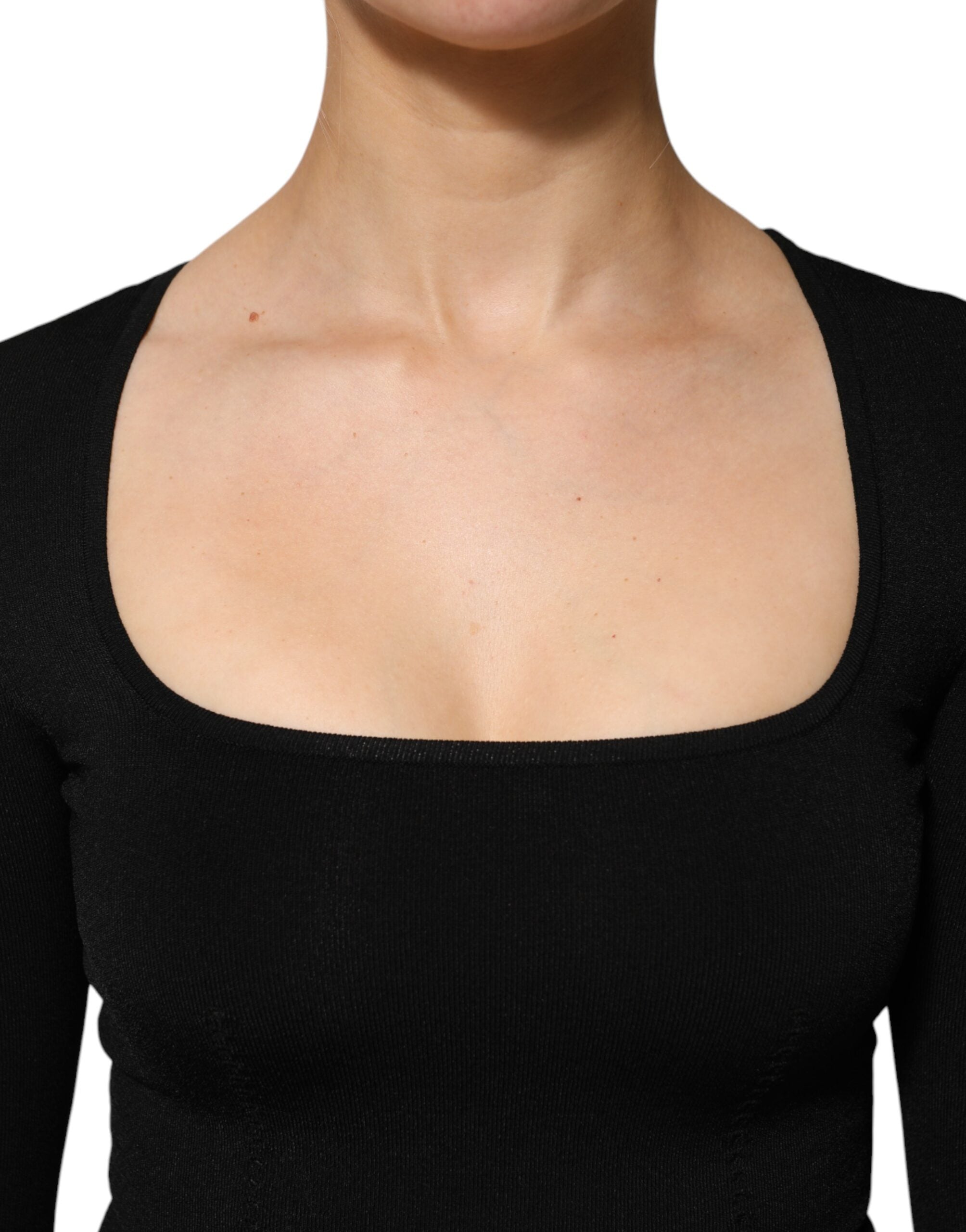 Dolce &amp; Gabbana Schwarzes Langarm-Pullover-Top mit eckigem Ausschnitt
