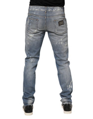 Dolce & Gabbana Blue Cotton Tattered Slim Fit Men Denim Jeans