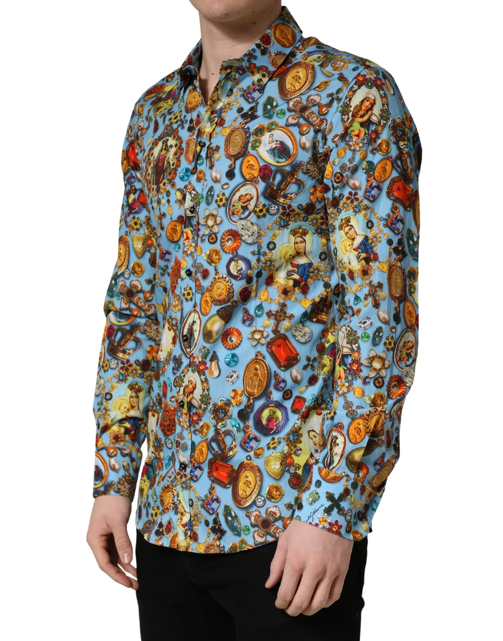 Dolce & Gabbana Blue Cotton Jewel Print Button Down GOLD Shirt