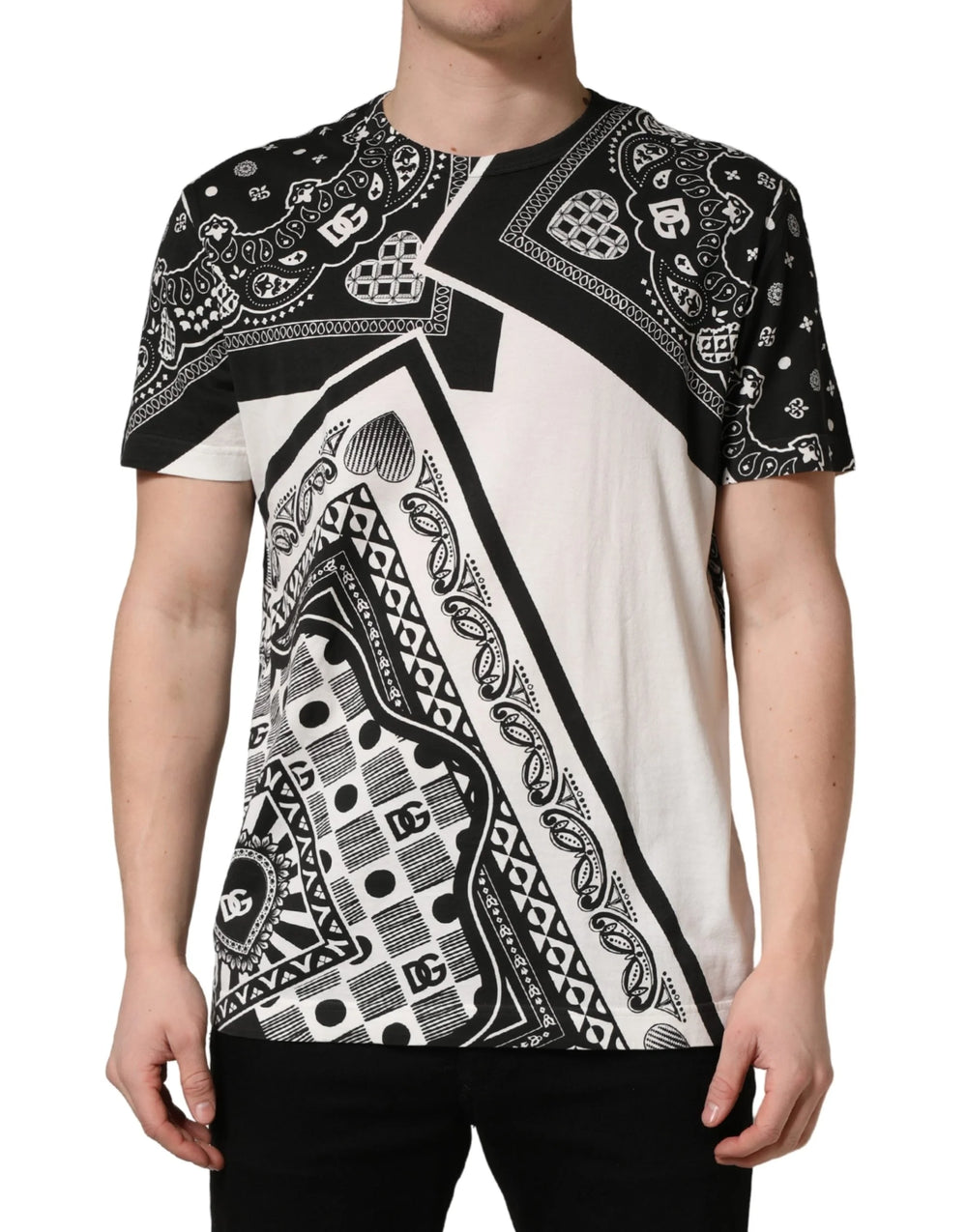 Dolce & Gabbana Black White Bandana Cotton Crew Neck T-shirt