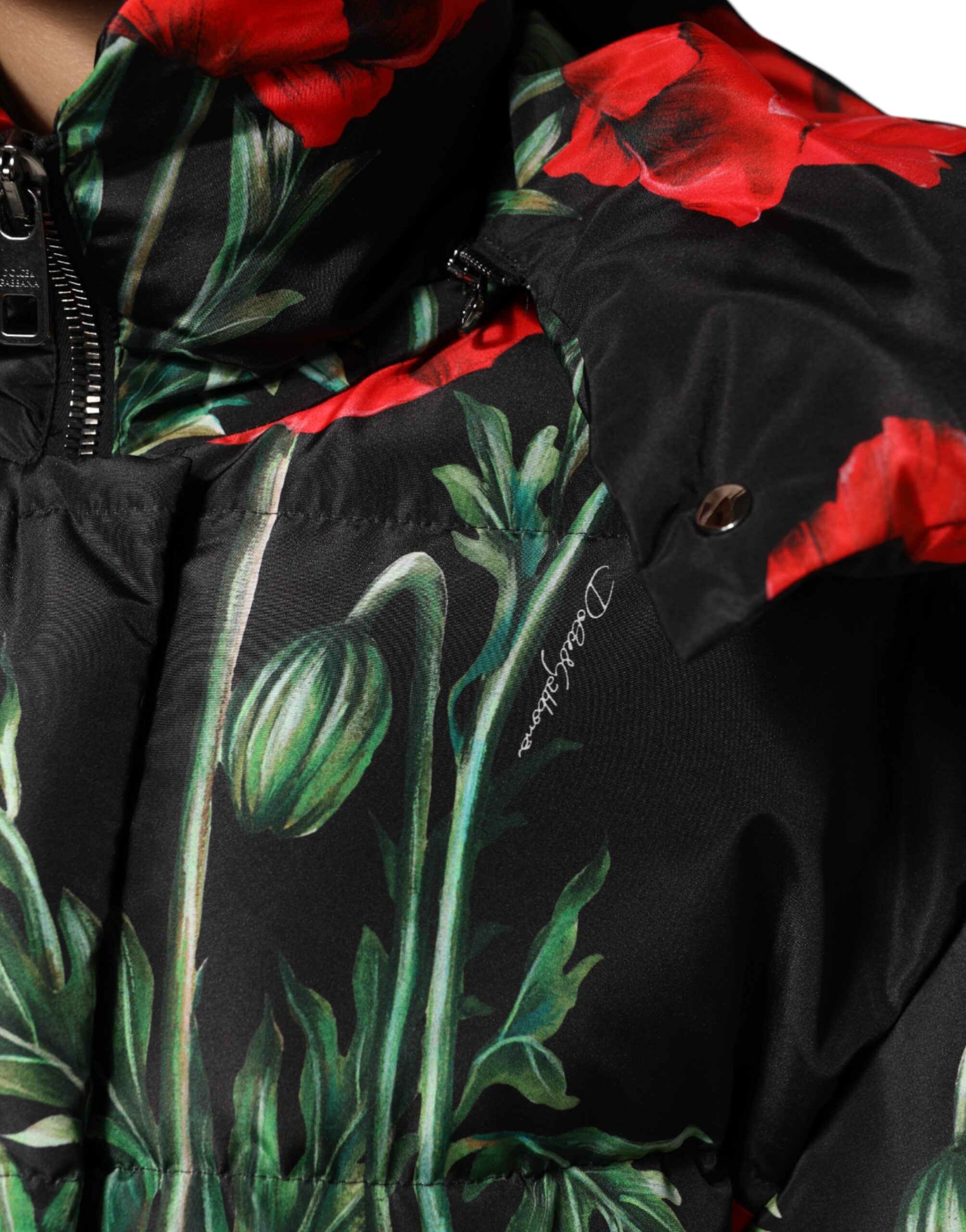 Dolce & Gabbana Black Floral Polyester Hooded Quilted Jacket