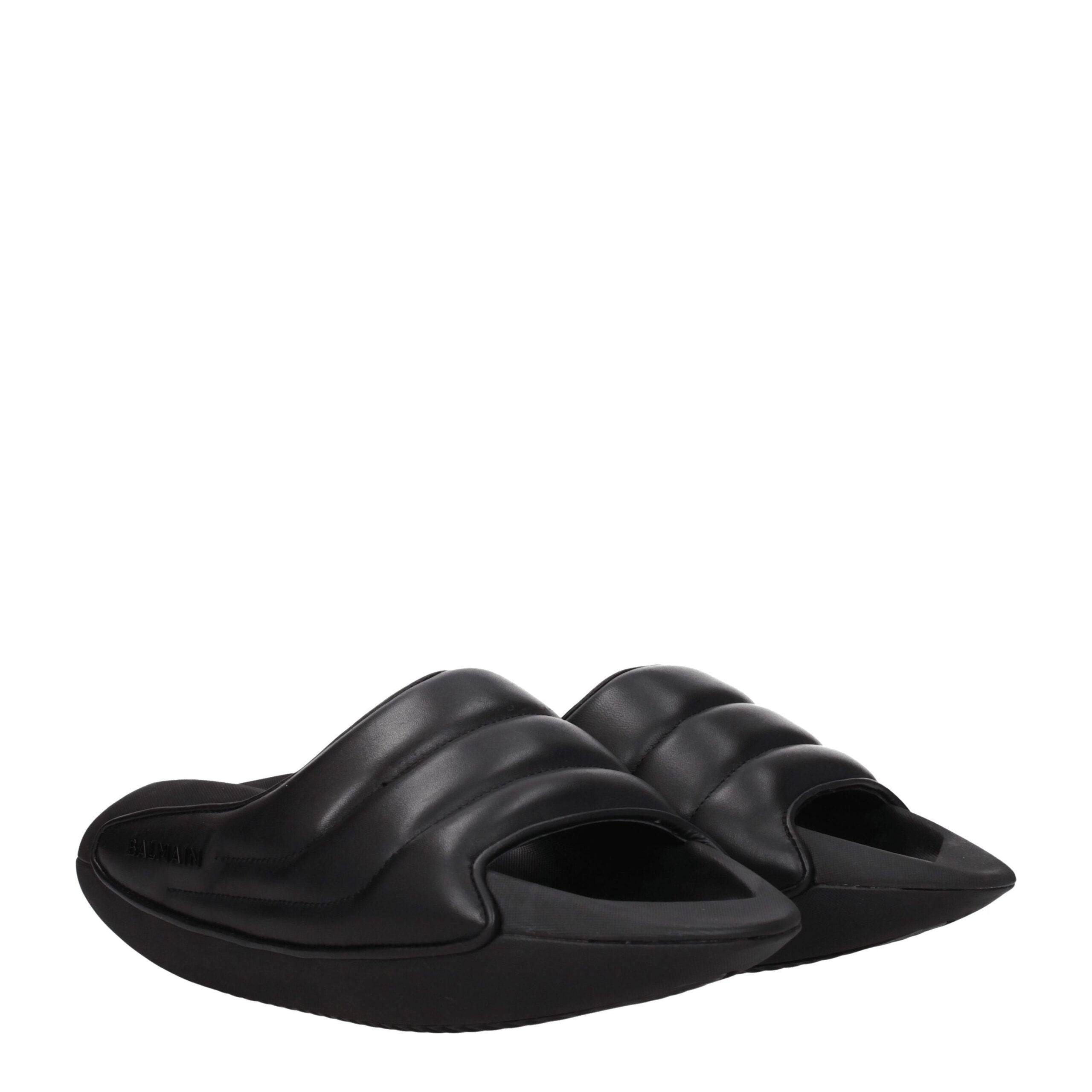 Balmain Black Leather Slippers Sandals
