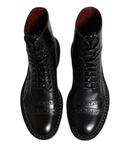 Dolce & Gabbana Black Leather Lace Up Mid Calf Boots Shoes