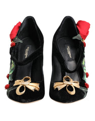 Dolce & Gabbana Black Roses Crystal Brooch Mary Jane Shoes