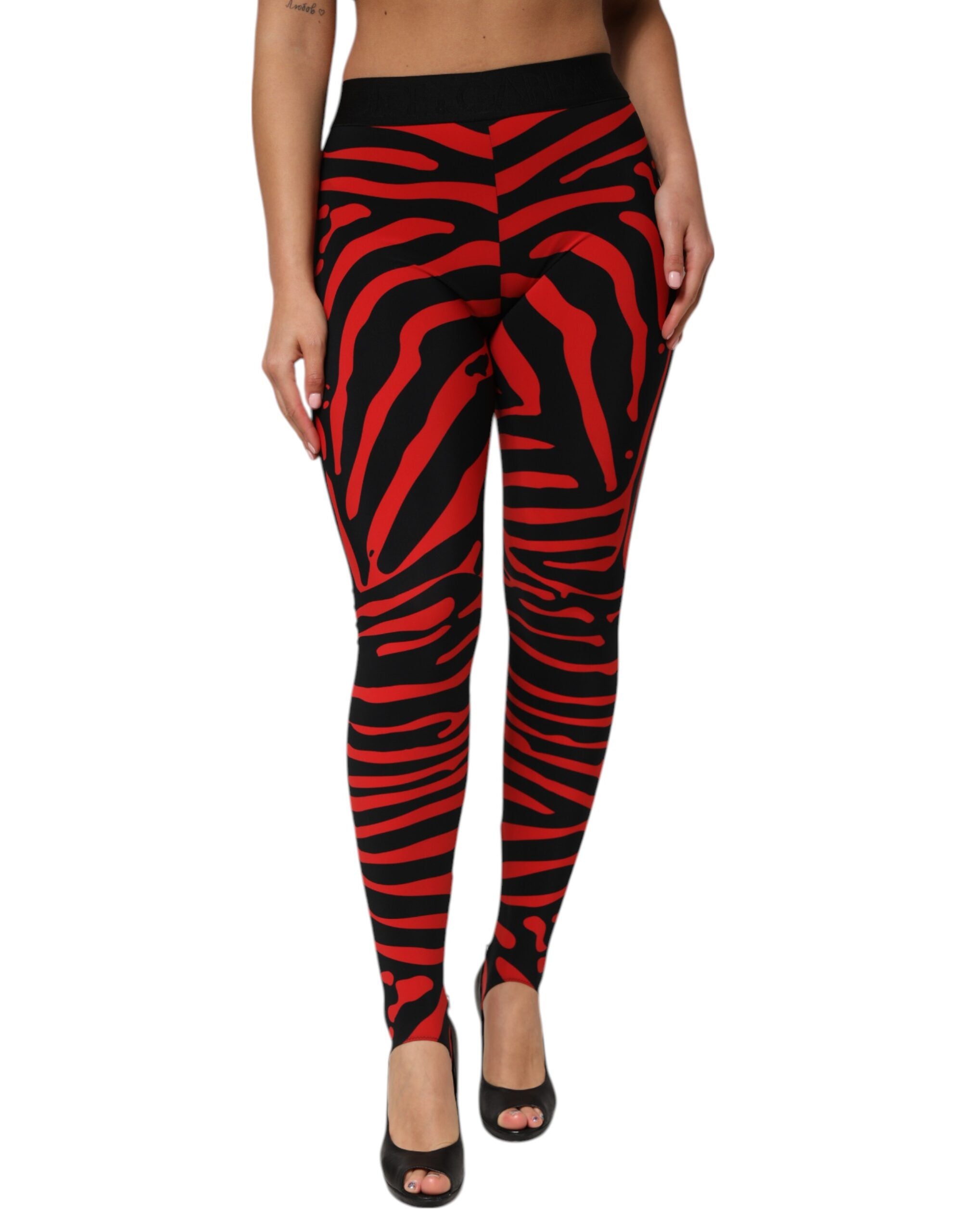 Leggings Dolce &amp; Gabbana noirs et rouges en nylon avec logo et taille haute