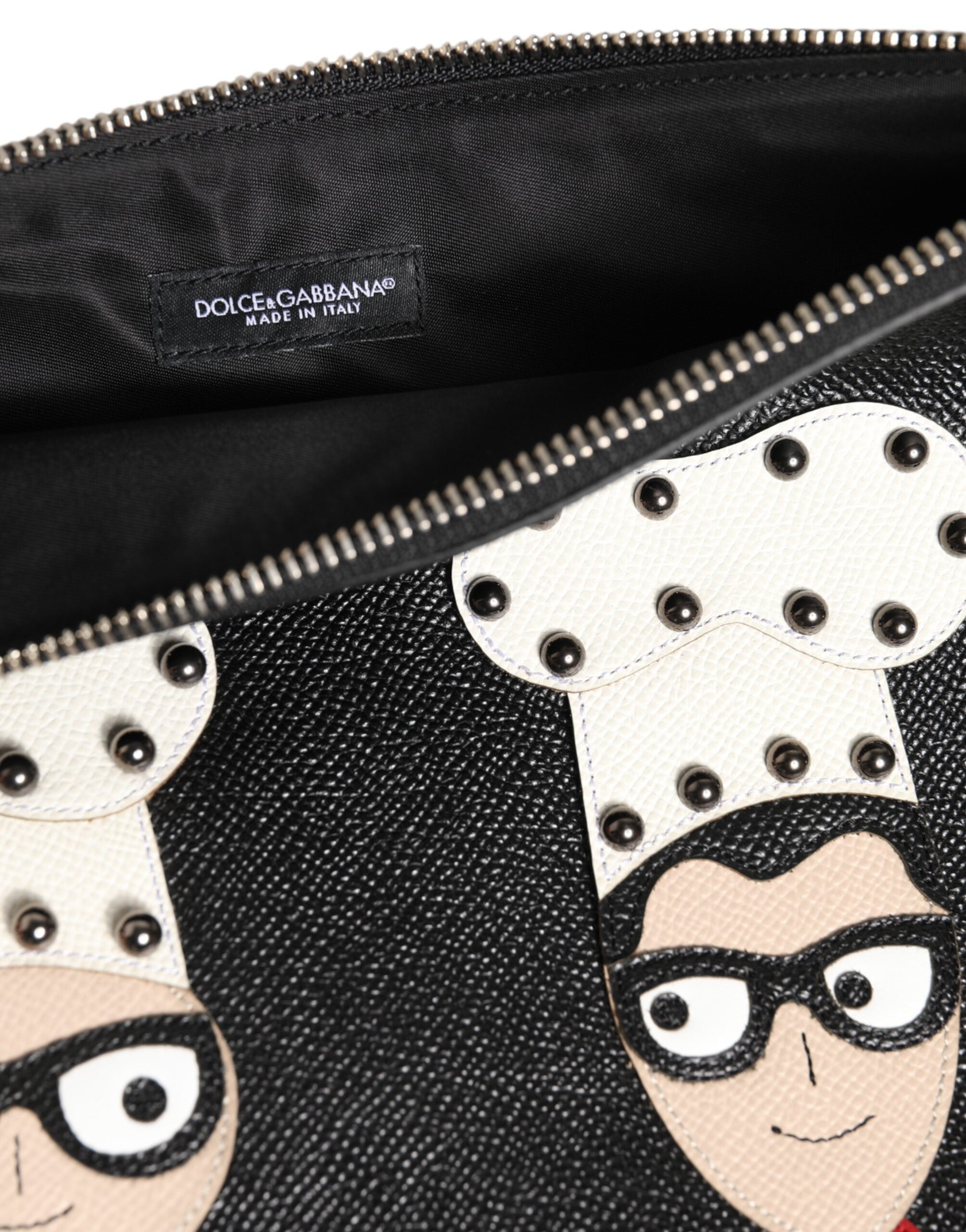 Dolce &amp; Gabbana Schwarze Leder #DGFAMILY Verzierte Herren-Clutch-Tasche