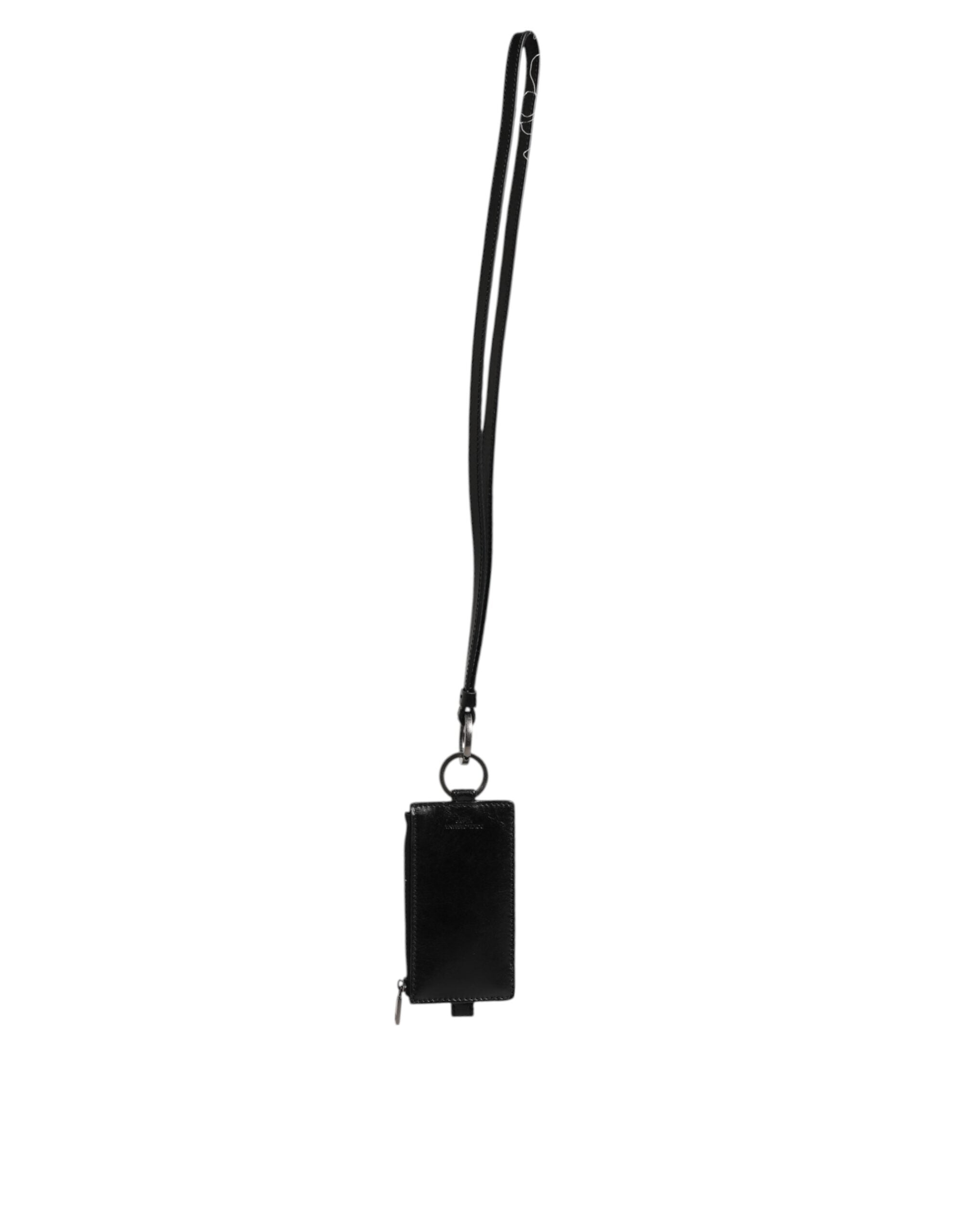 Dolce &amp; Gabbana Schwarzes Leder-Geldbörsen-Lanyard mit Logoprägung
