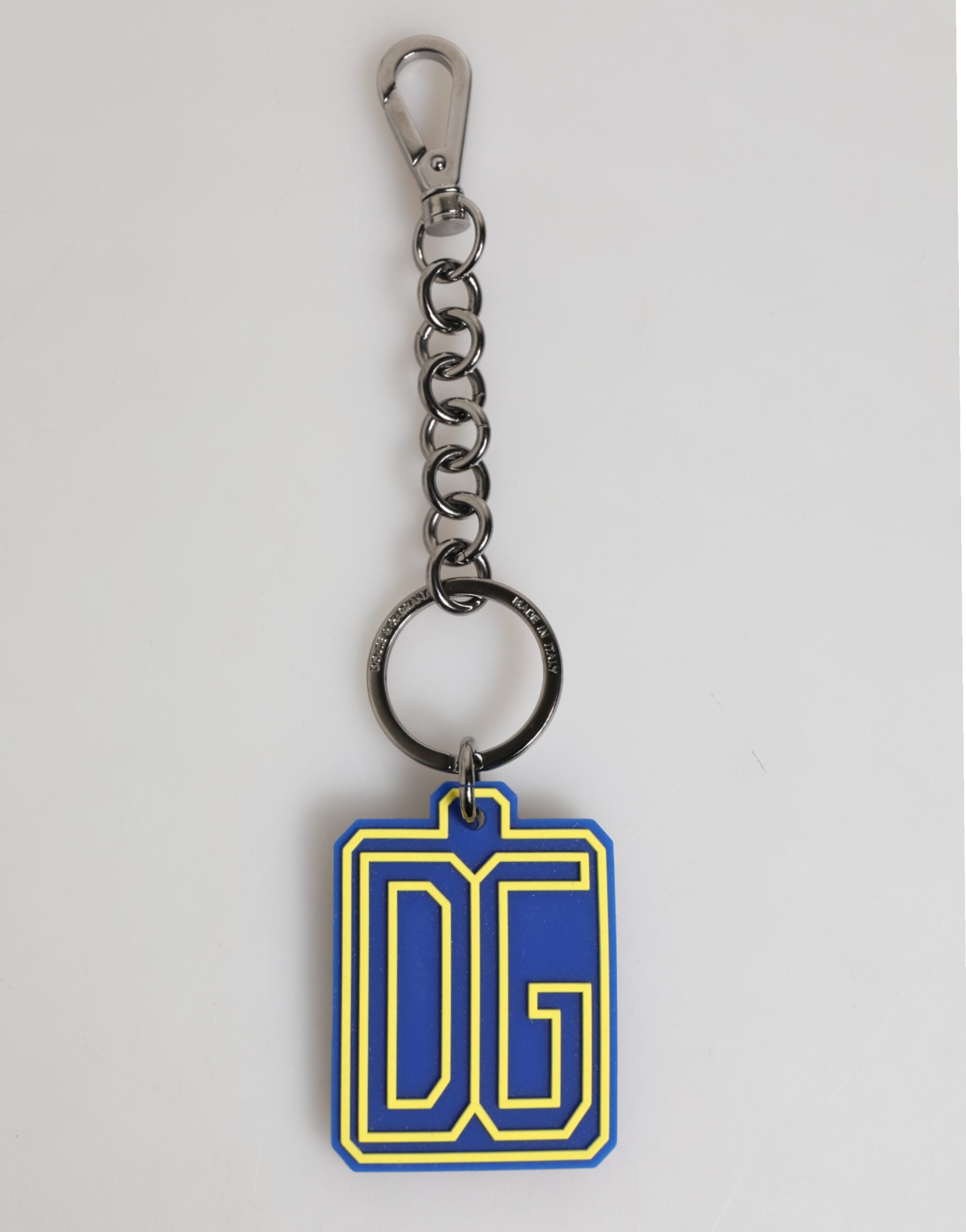 Porte-clés homme Dolce &amp; Gabbana bleu et jaune avec logo DG en caoutchouc argenté