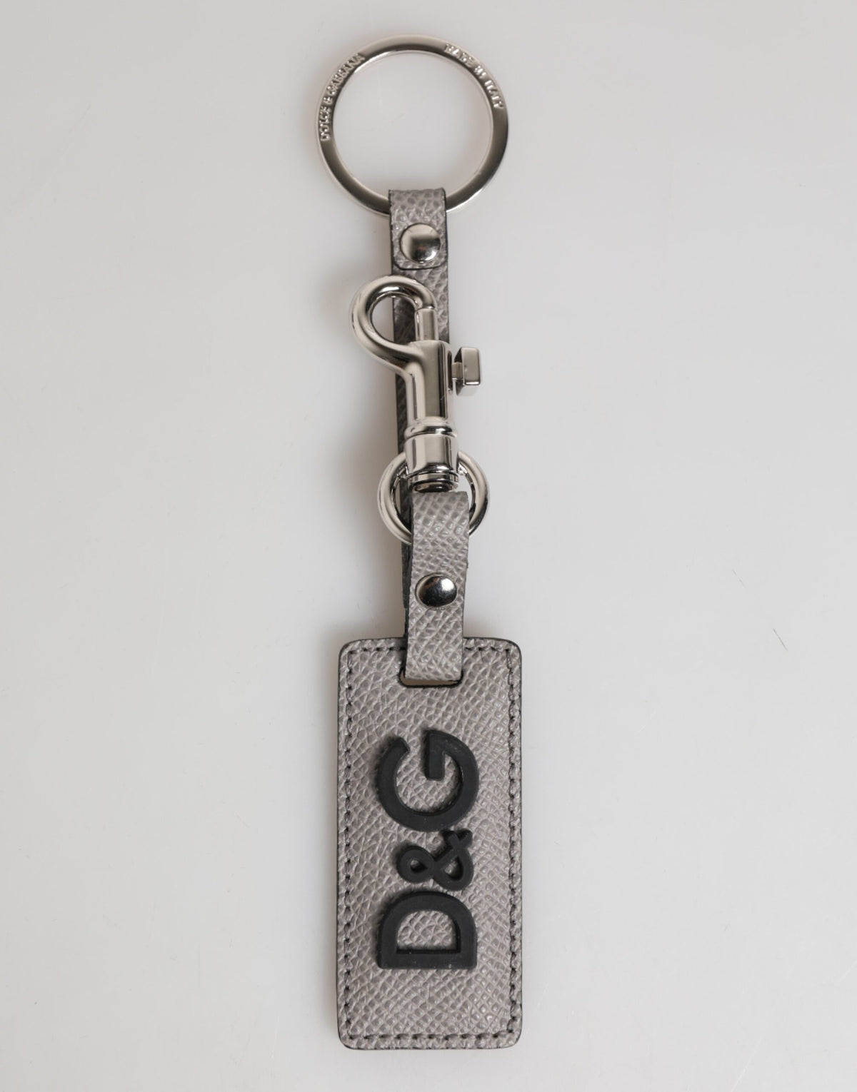 Porte-clés Dolce &amp; Gabbana en cuir gris avec logo et anneau métallique pour homme