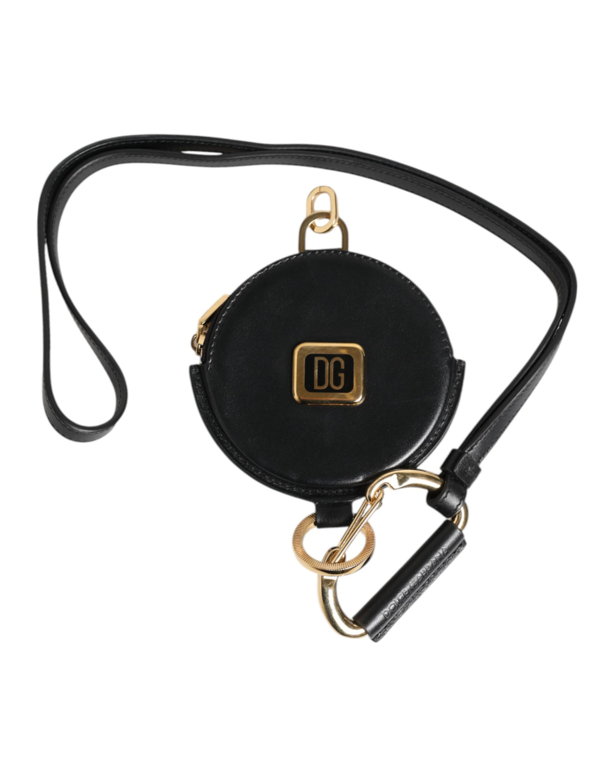 Porte-monnaie rond en cuir noir Dolce &amp; Gabbana avec logo DG et cordon