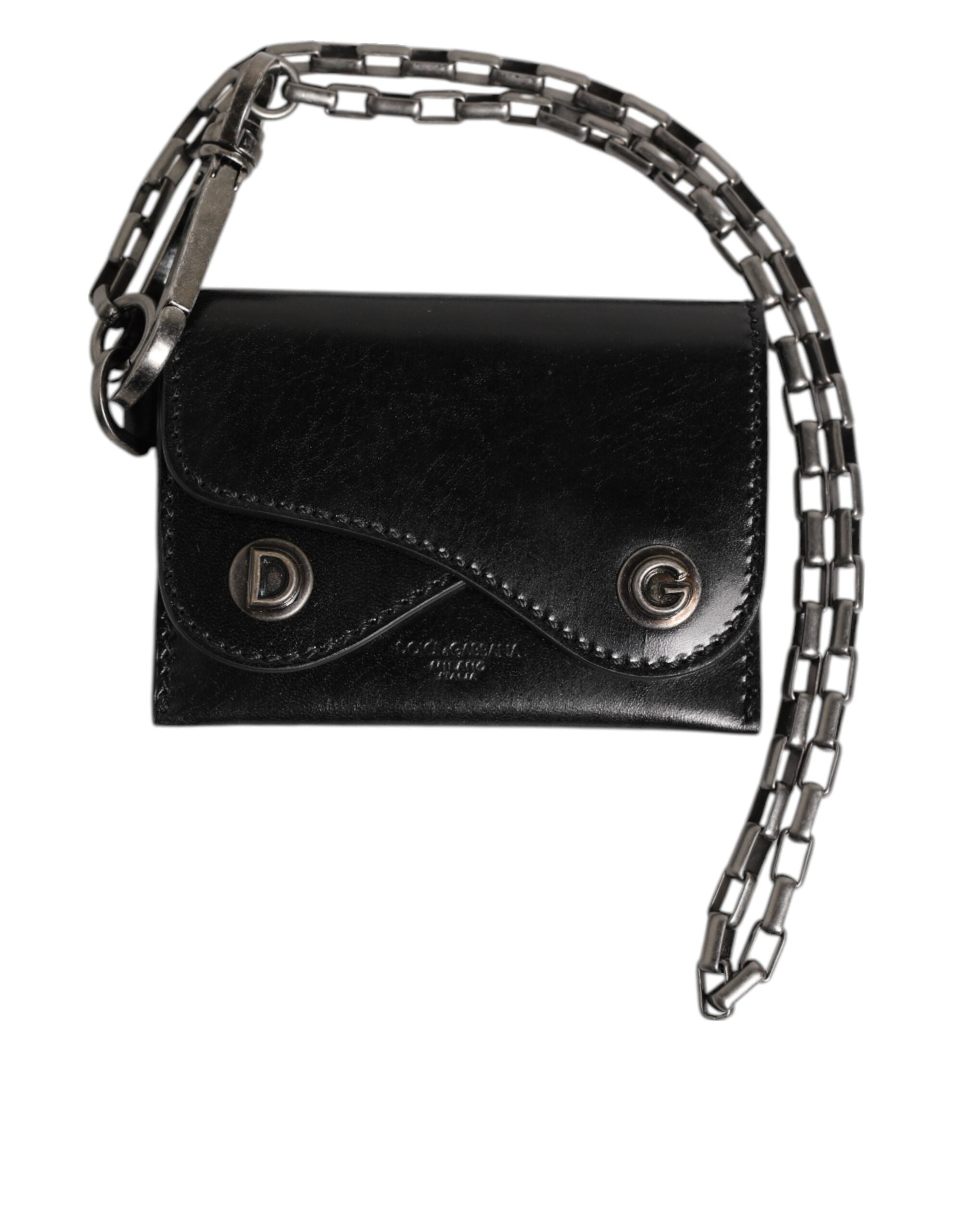 Portefeuille Dolce &amp; Gabbana en cuir noir Cavallo avec chaîne et fermeture à pression, porte-cartes à deux volets