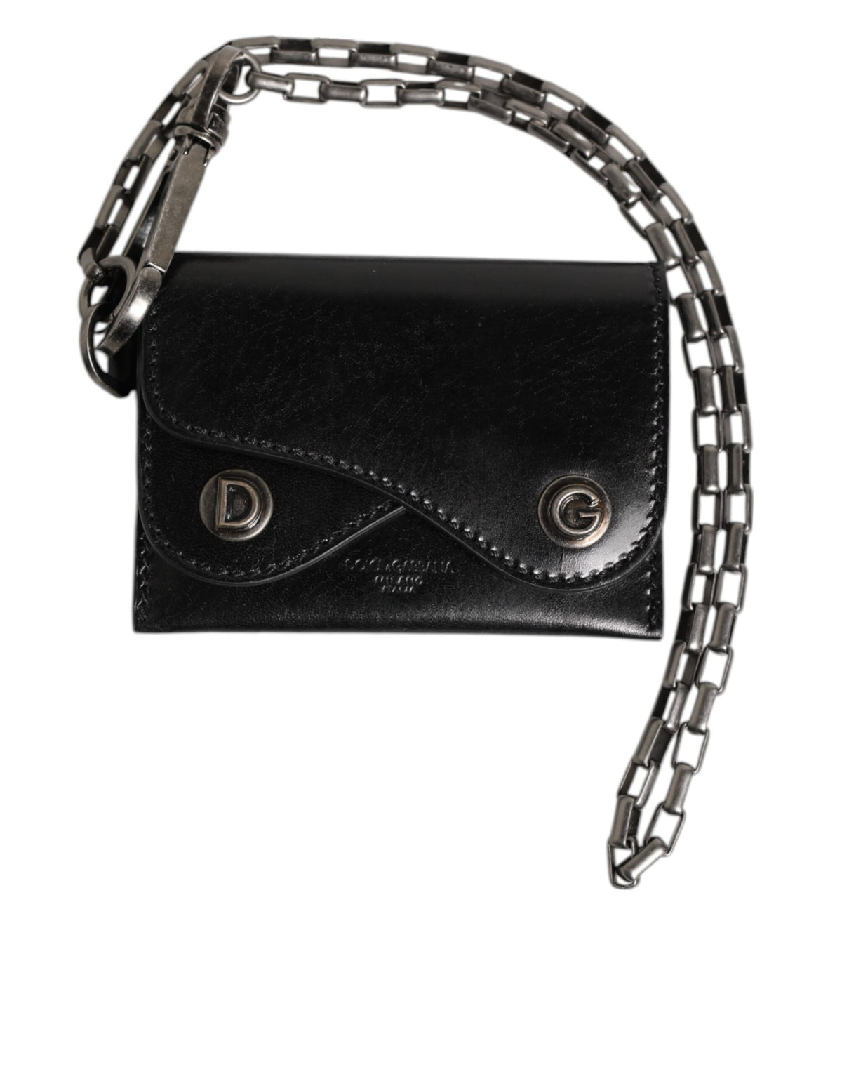 Portefeuille Dolce &amp; Gabbana en cuir noir Cavallo avec chaîne et fermeture à pression, porte-cartes à deux volets