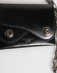 Portefeuille Dolce &amp; Gabbana en cuir noir Cavallo avec chaîne et fermeture à pression, porte-cartes à deux volets