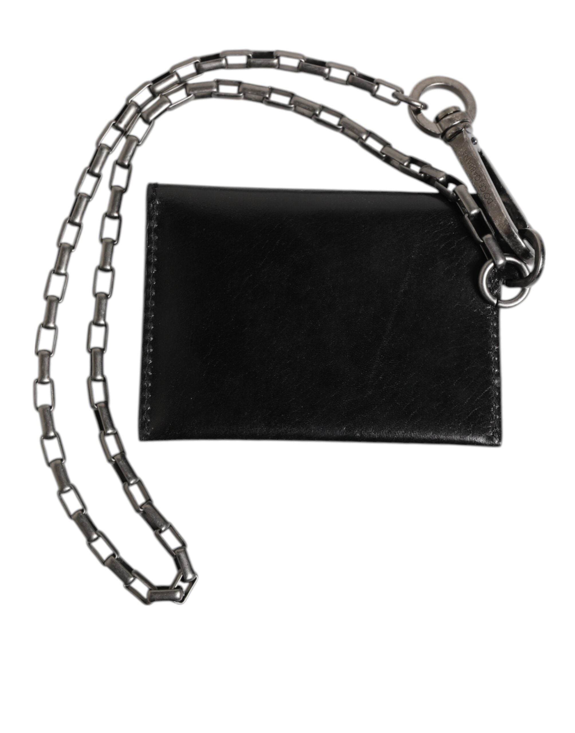 Portefeuille Dolce &amp; Gabbana en cuir noir Cavallo avec chaîne et fermeture à pression, porte-cartes à deux volets