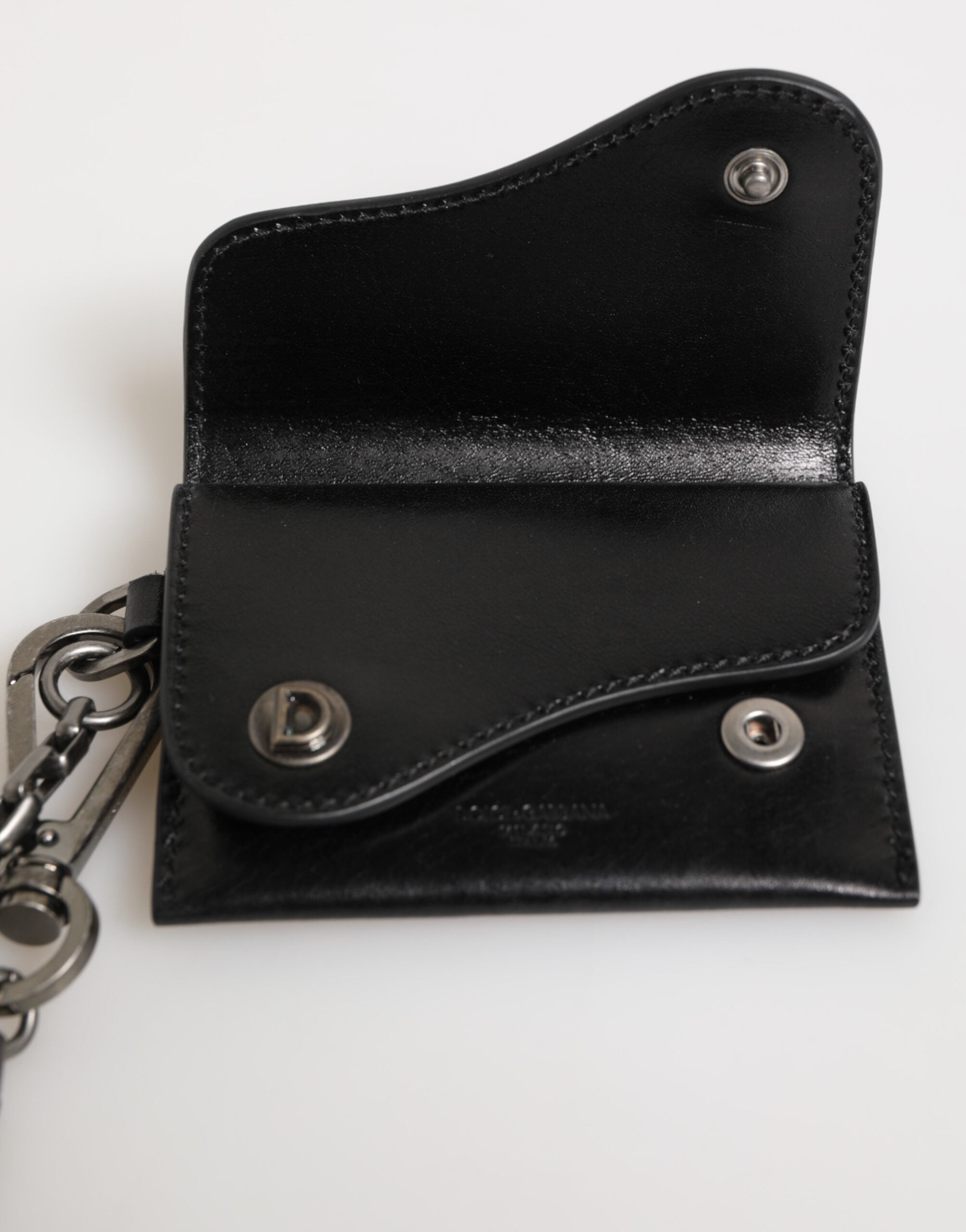 Portefeuille Dolce &amp; Gabbana en cuir noir Cavallo avec chaîne et fermeture à pression, porte-cartes à deux volets