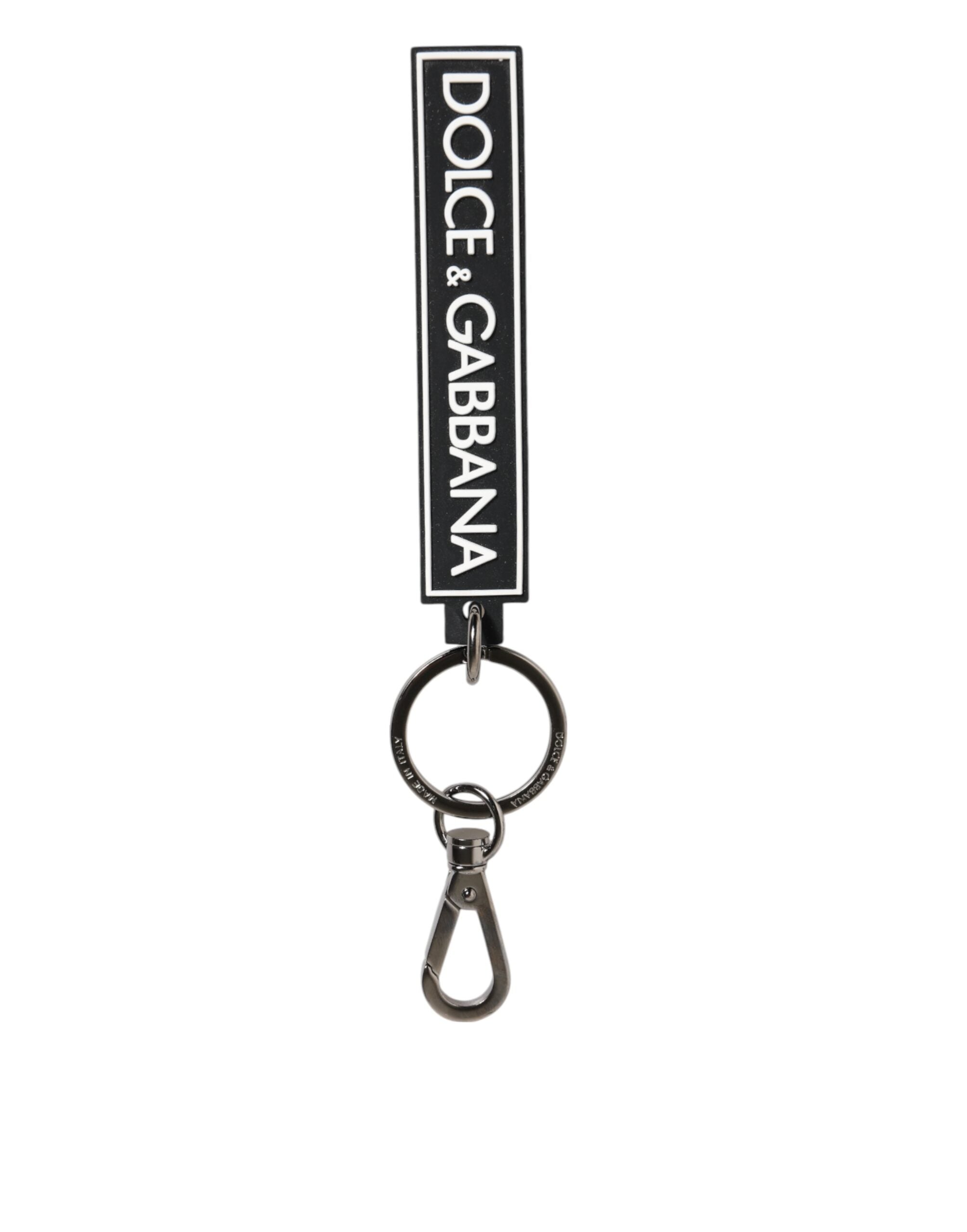 Porte-clés homme Dolce &amp; Gabbana noir et blanc avec logo DG en caoutchouc argenté