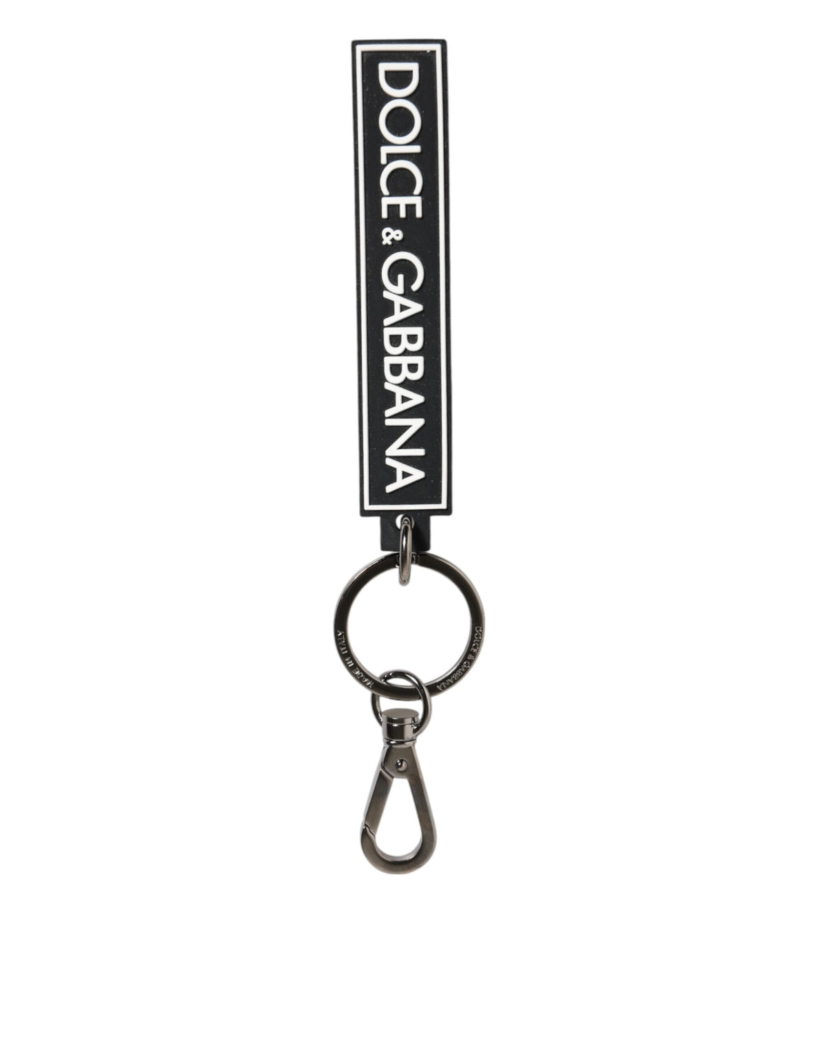 Porte-clés homme Dolce &amp; Gabbana noir et blanc avec logo DG en caoutchouc argenté