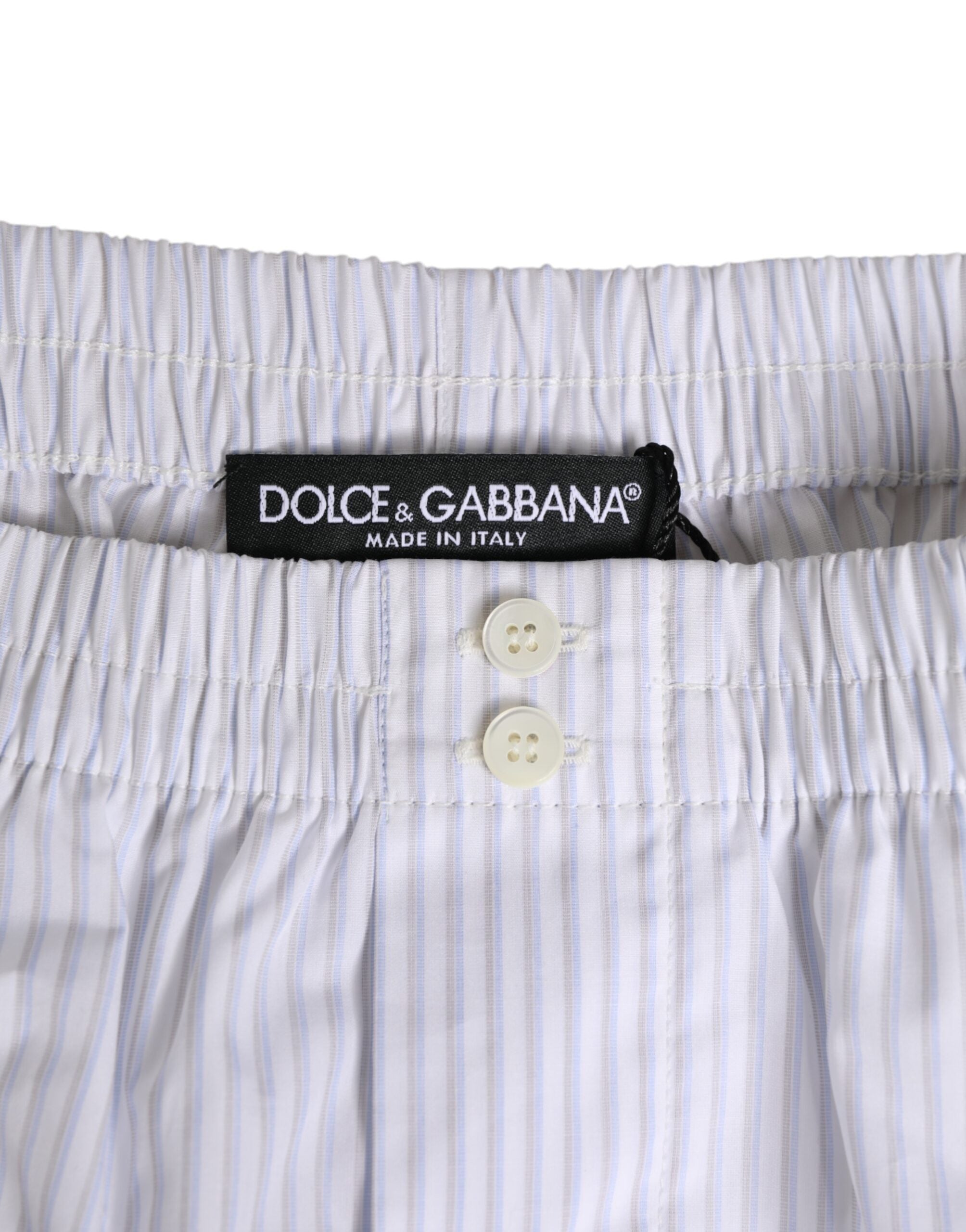 Short de bain Dolce &amp; Gabbana blanc et bleu en coton rayé à boutons
