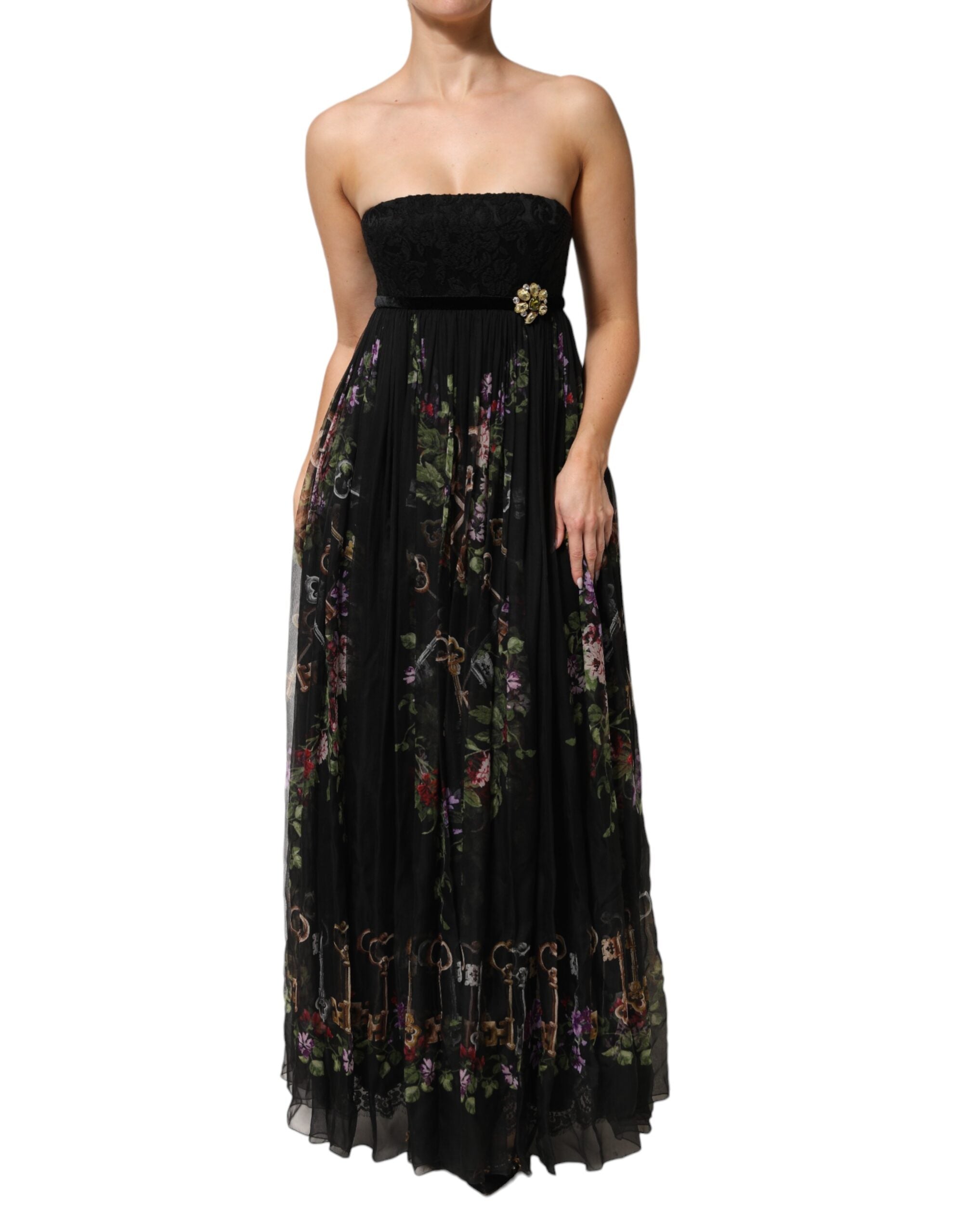 Dolce &amp; Gabbana Schwarzes trägerloses Kleid mit Blumenmuster und Kristallen