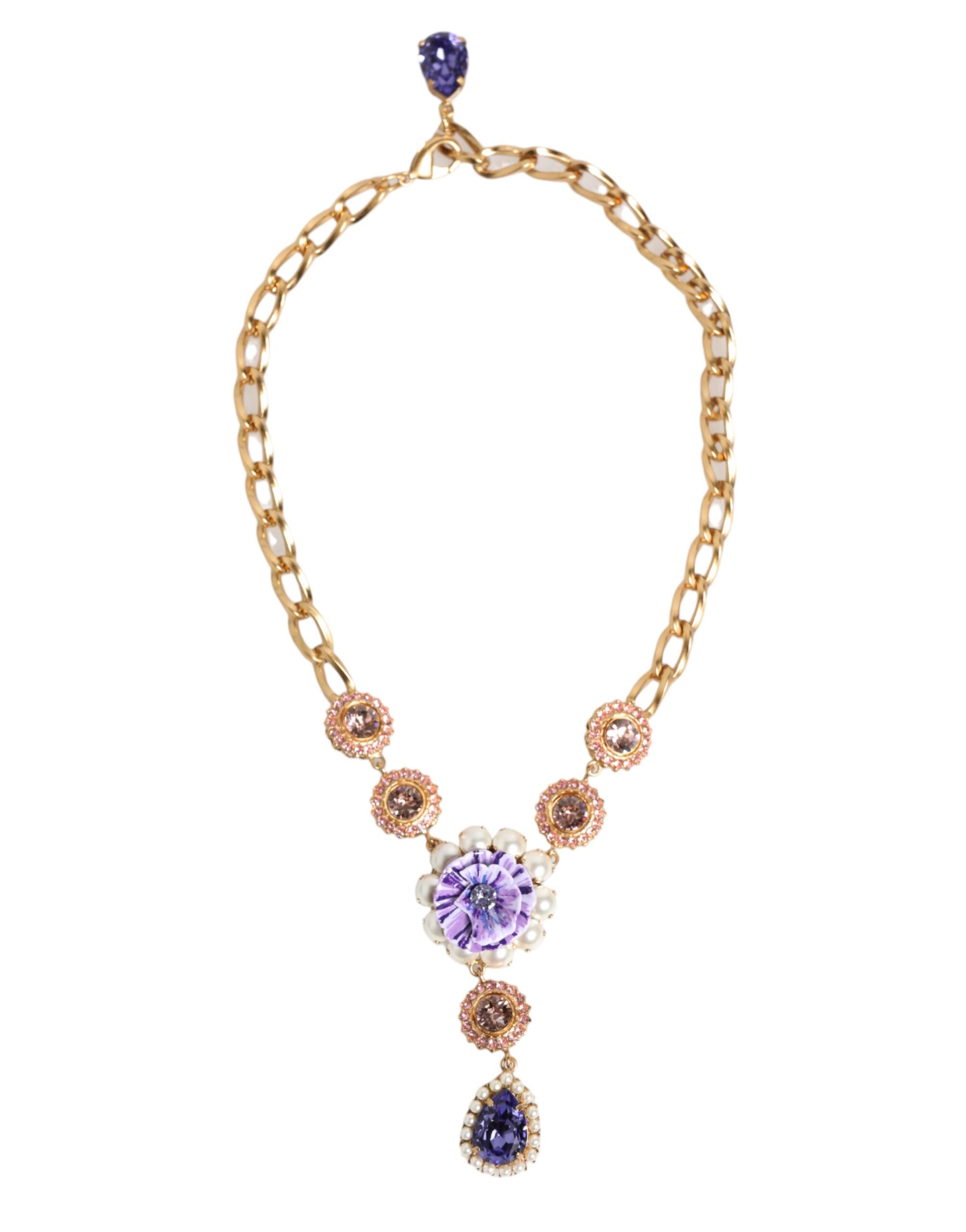 Collier pendentif Dolce &amp; Gabbana en laiton doré, cristal et perle à motif floral violet