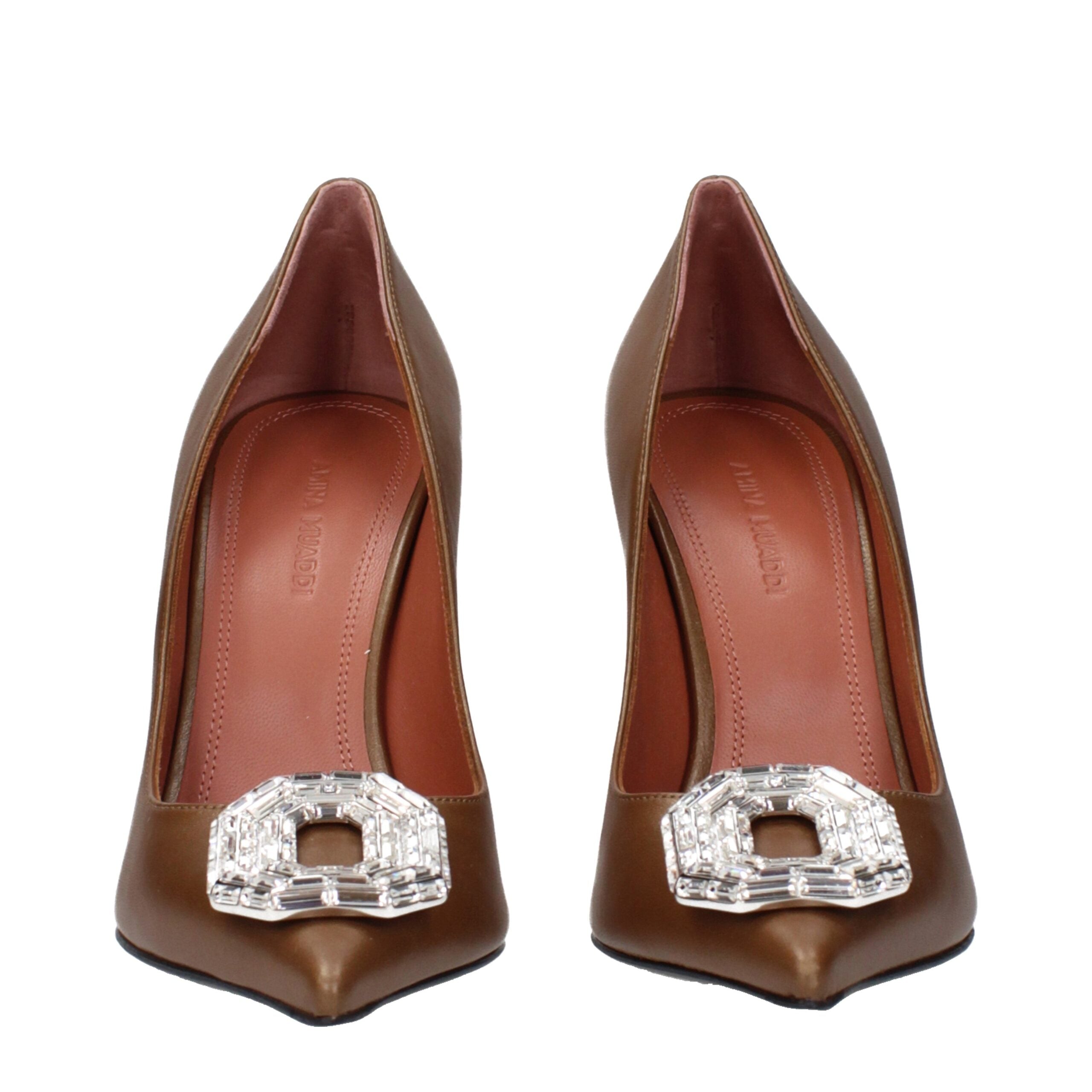 Amina Muaddi Brown Leather Pumps