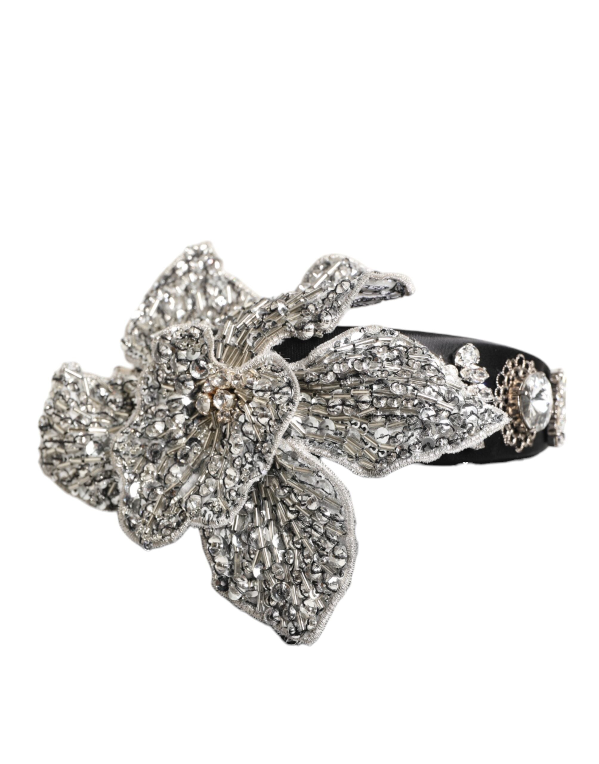 Dolce &amp; Gabbana Schwarzes Haarband mit Blumen und Kristallen LIMONI Damen-Haarreif Diadem