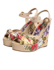 Dolce & Gabbana Beige Floral Ankle Strap Wedge Sandals Shoes
