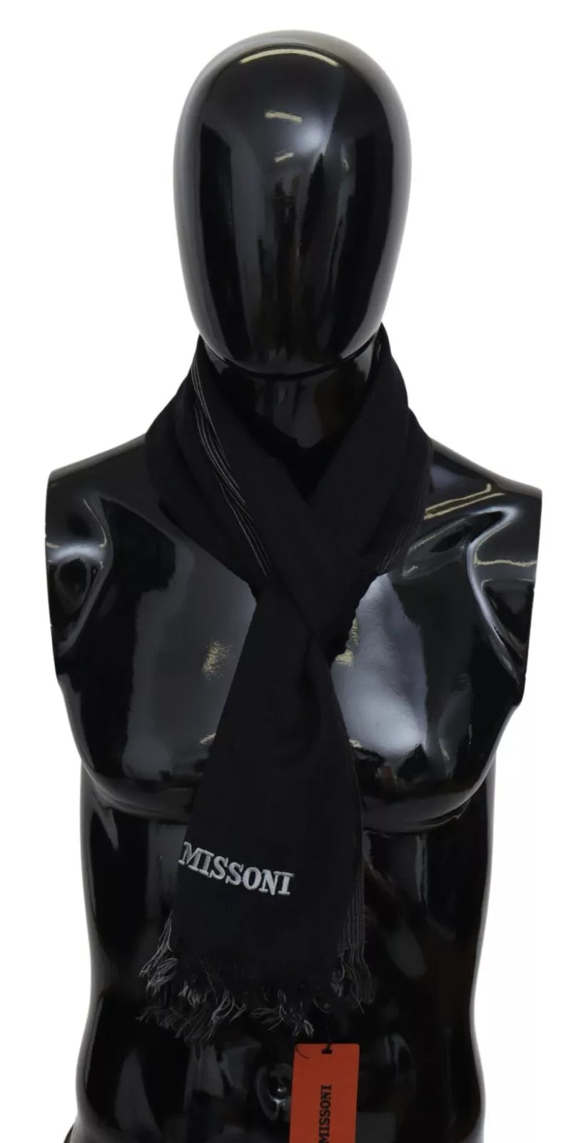 M Missoni Black Striped Wool Unisex Neck Wrap Fringes Logo Scarf