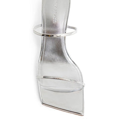 Amina Muaddi silberne Kalbsleder-Stiletto-Absatz-Sandalen
