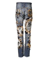 Dolce & Gabbana Blue Ripped Embellished Cotton Denim Jeans