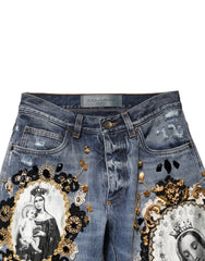 Dolce & Gabbana Blue Ripped Embellished Cotton Denim Jeans