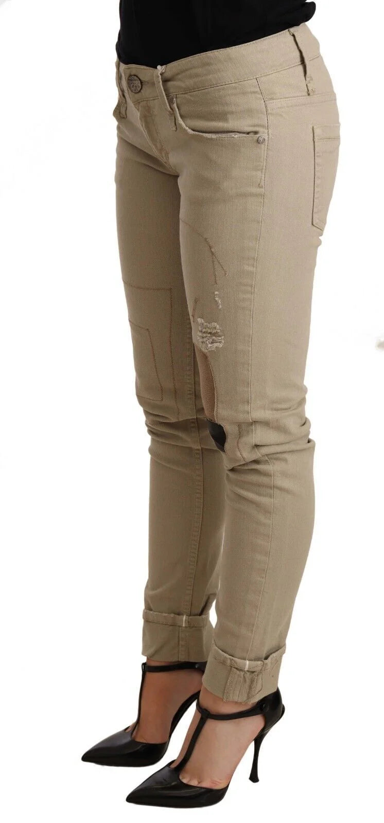 Acht Beige Denim Cotton Bottom Slim Fit Folded Pant - W26 | IT40 - Jeans