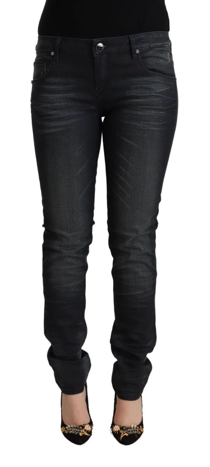 Acht Black Washed Cotton Low Waist Slim Fit Denim Jeans - Jeans