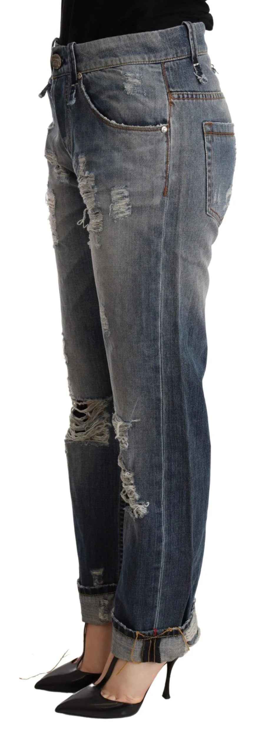 Acht Blue Tattered Mid Waist Straight Denim Trouser - W26 - Jeans
