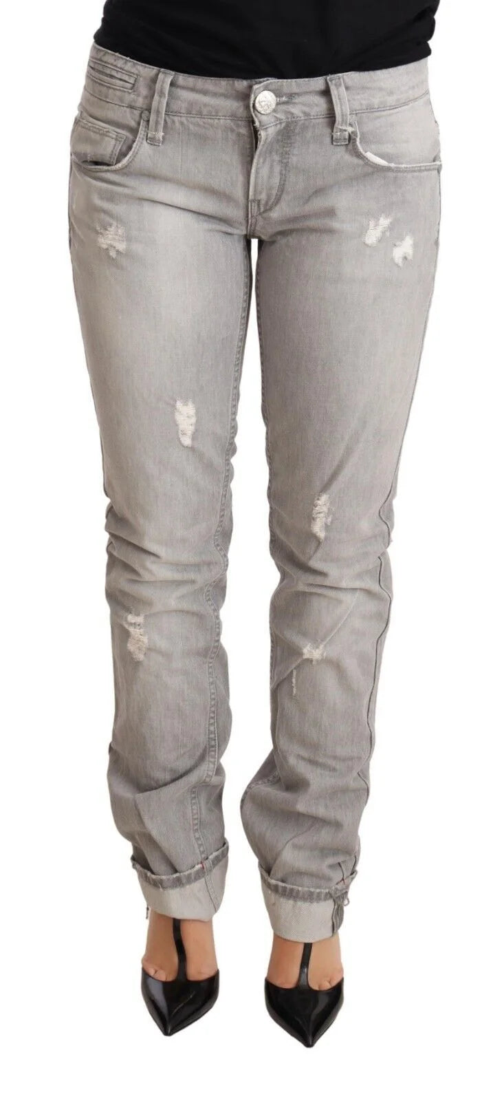 Acht Gray Tattered Cotton Slim Fit Folded Hem Women Denim Jeans - W26 - Jeans