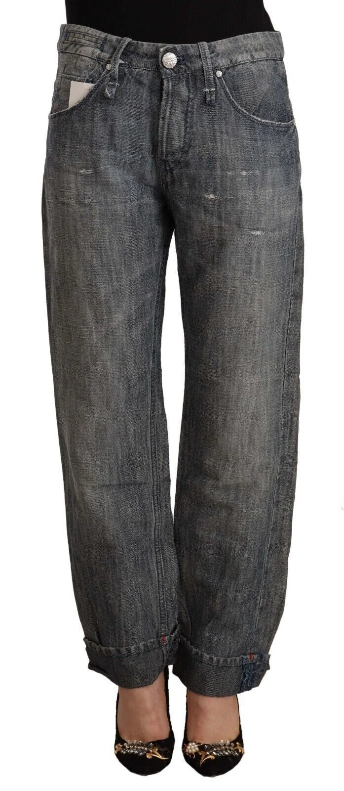Acht Gray Washed Ramie Straight Denim Folded Hem Jeans - W26 | IT40 - Jeans