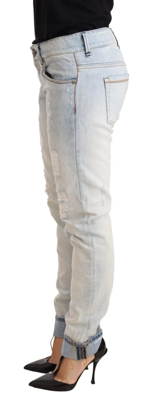 Acht Light Blue Distressed Cotton Folded Hem Denim Trouser Jeans - W26 - Jeans