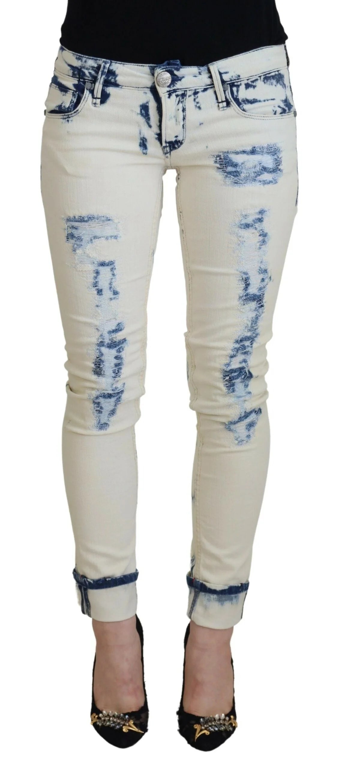 Acht White Blue Cotton Skinny Women Tattered Denim Jeans - W26 - Jeans