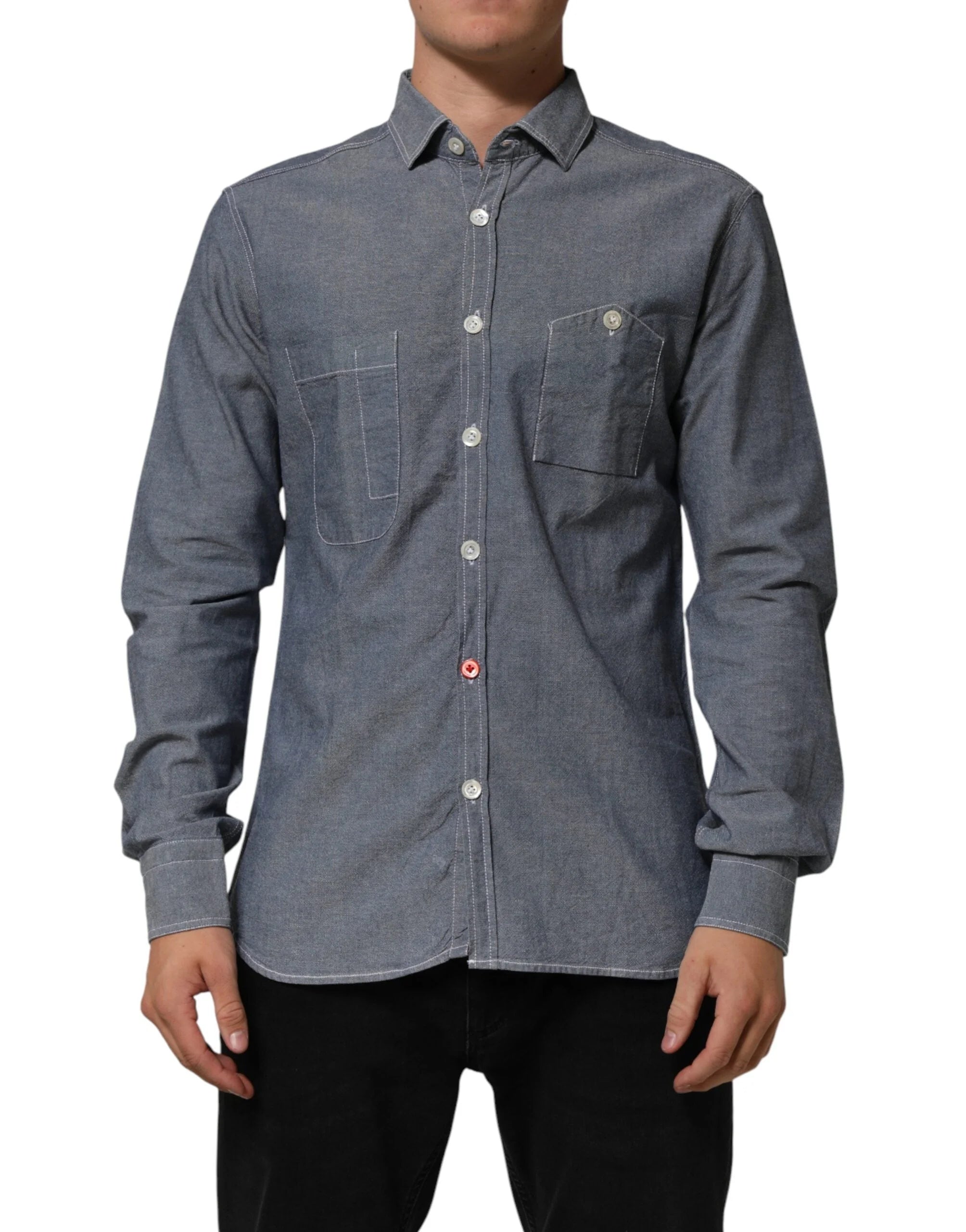 AGLINI Blue Denim Regular Fit Collared Long Sleeve Casual Shirt - IT41 | L