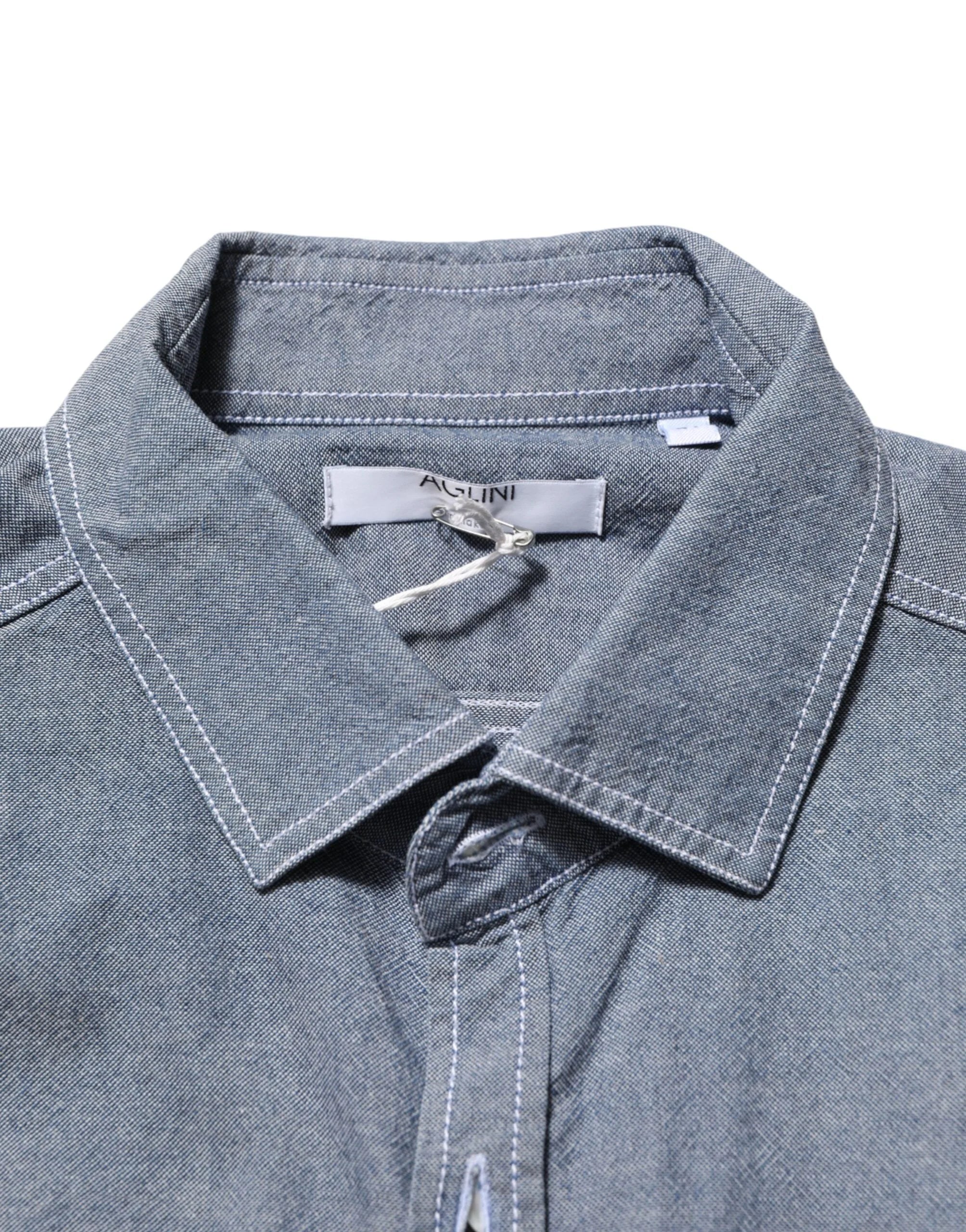 AGLINI Blue Denim Regular Fit Collared Long Sleeve Casual Shirt - IT41 | L