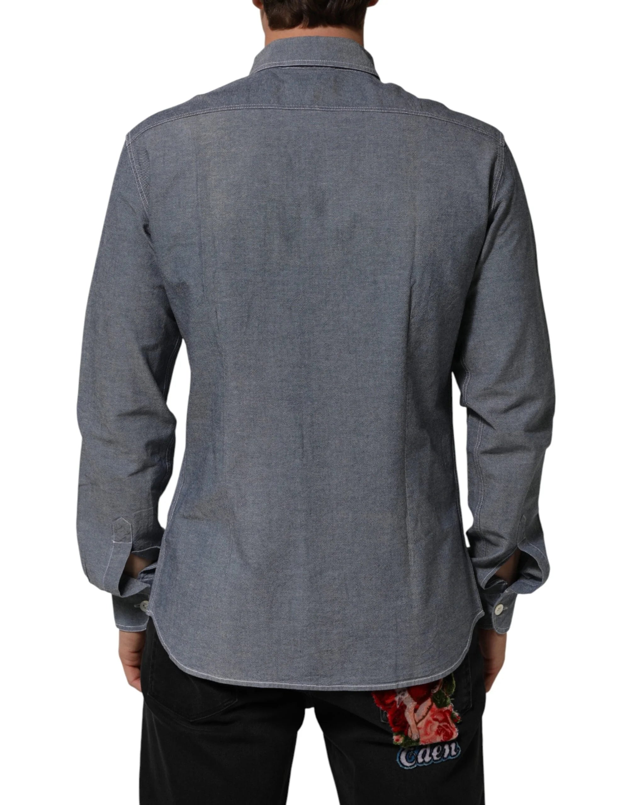 AGLINI Blue Denim Regular Fit Collared Long Sleeve Casual Shirt - IT41 | L