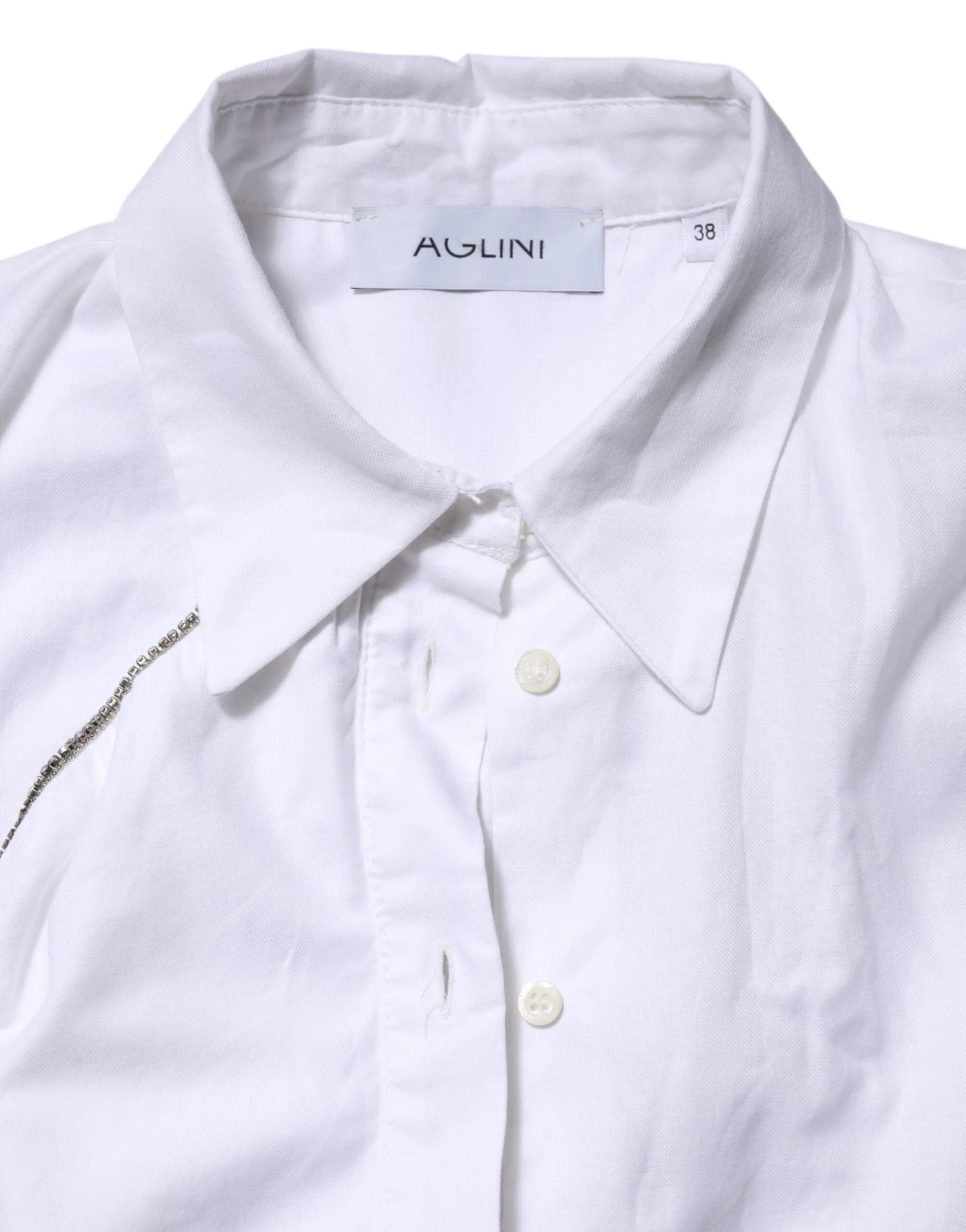 AGLINI White Cotton Collared Long Sleeves Ruffle Top Shirt - IT38 | XS - Shirts