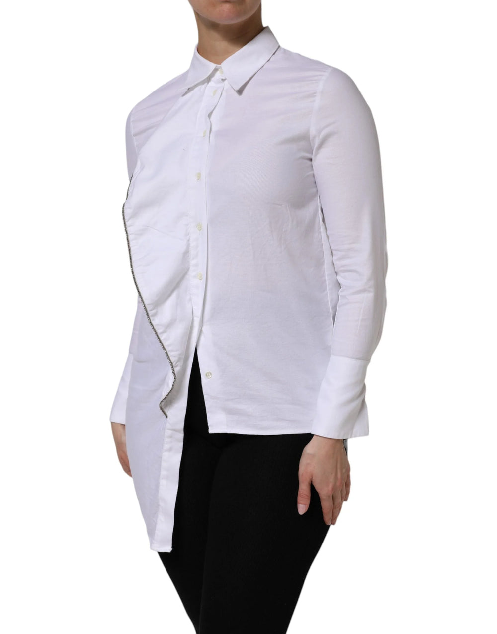AGLINI White Cotton Collared Long Sleeves Ruffle Top Shirt - IT38 | XS - Shirts