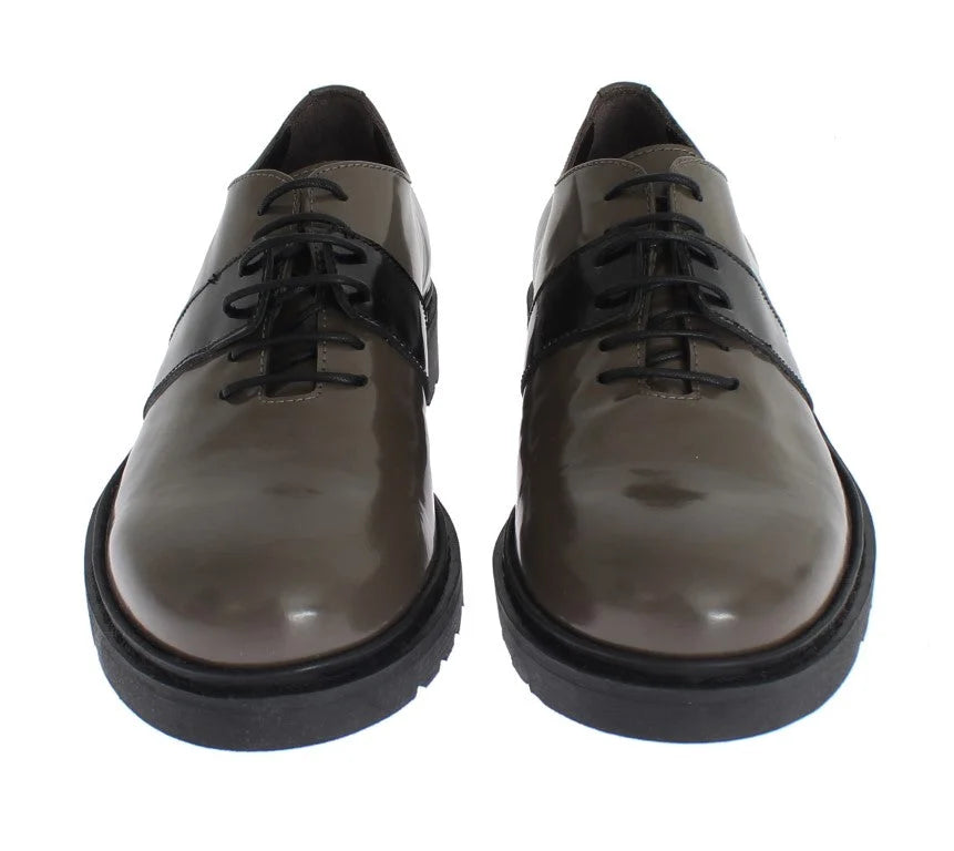 AI_ Gray Brown Leather Laceups Shoes - Flats